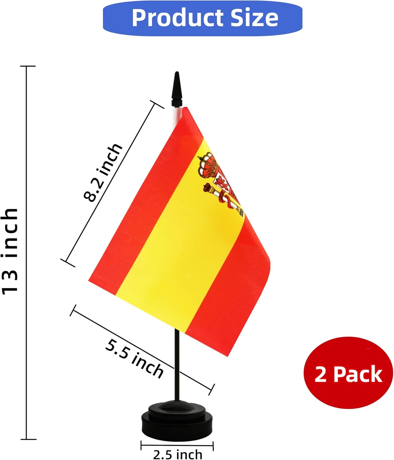 2 Pack Spain Desk Flag, Spanish Table Office Flag with Solid Pole and Stand Base, International Country Flag, Festival Celebration, Classroom Meeting Desktop Decoration (Spain)