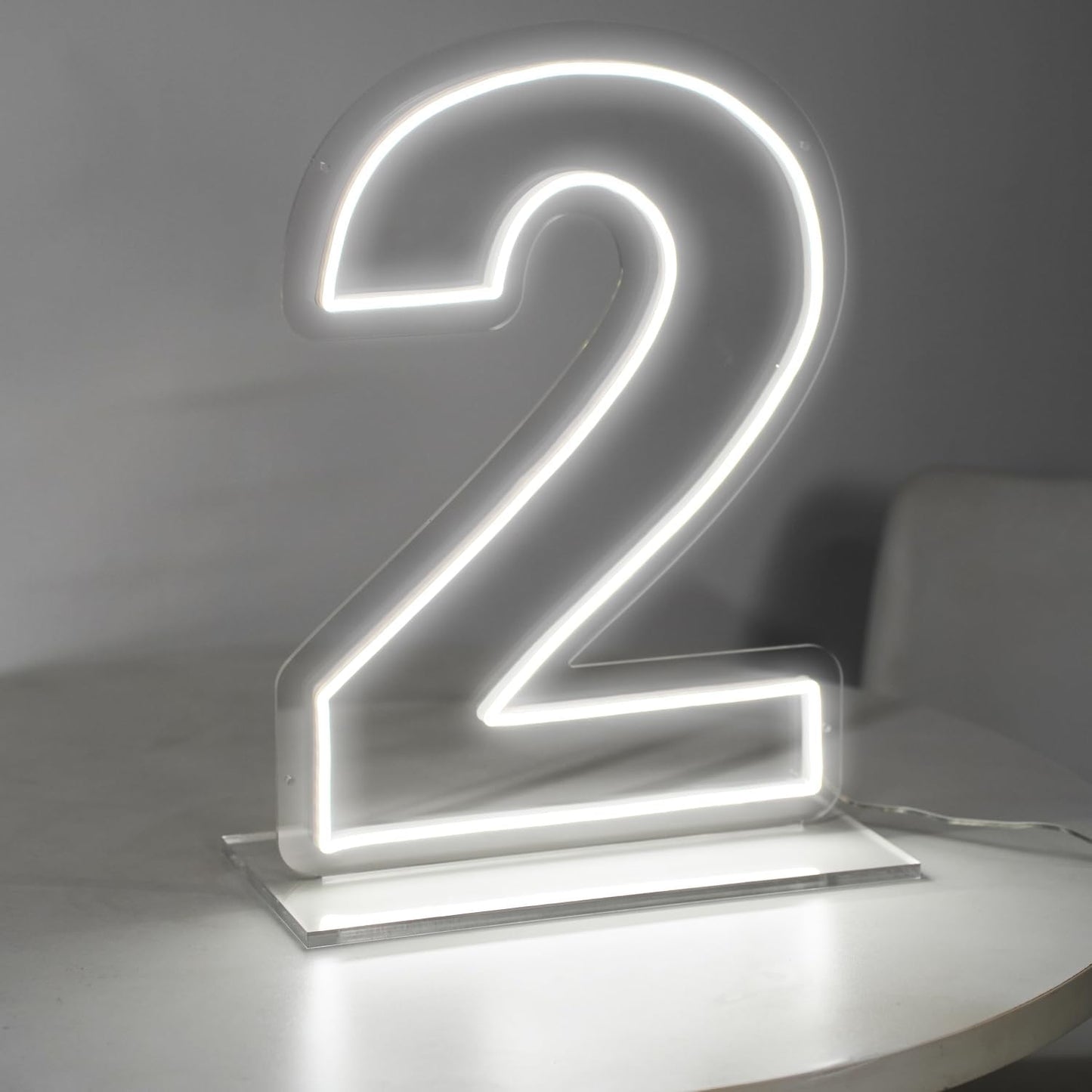 Number 2 Neon Sign for Bedroom, 16.54" Cool White USB Battery Powered Birthday Neon Sign for Party Wedding Anniversary Decor Light Sign (Number 2)