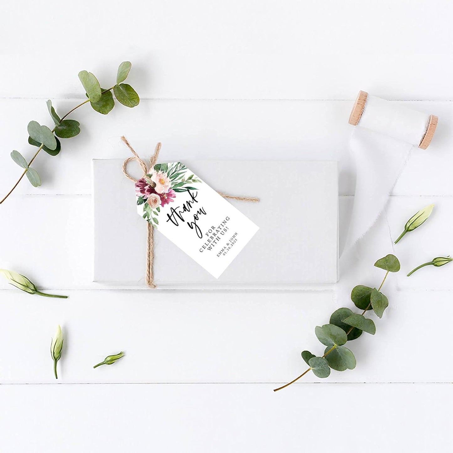 Andaz Press 100-Pack Personalized Thank You for Celebrating with Us Wedding Favor Tags with Bakers Twine Spring Watercolor Florals Custom Cardstock Wedding Gift Tags for Party Favors 2 x 3.75-Inches