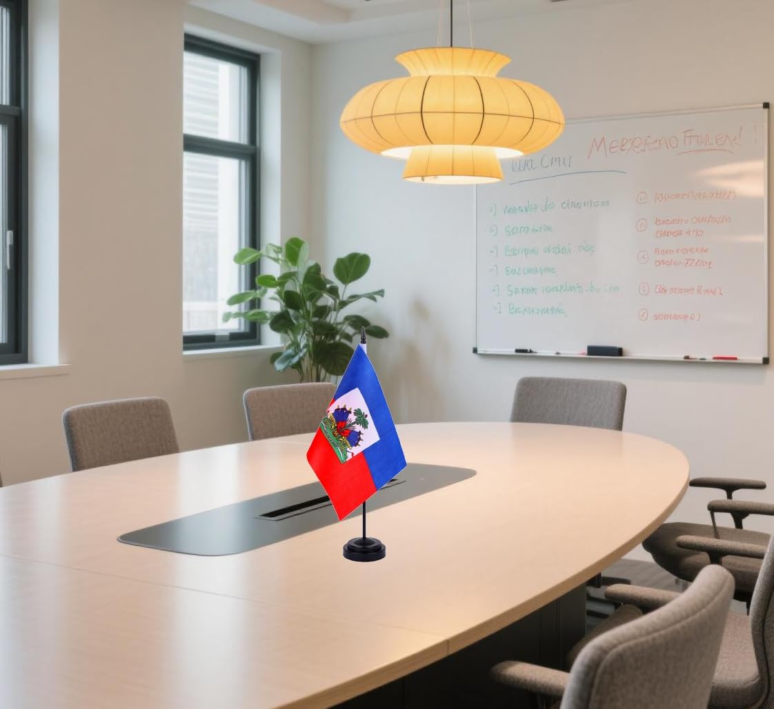 Haiti Desk Flag 12" Solid Pole Deluxe Set Haitians Flags Banner Mini Small Haiti Office Table Flags with Black Stand Base Desktop Decorations(2Pack)