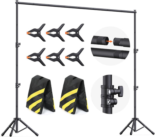 Backdrop Stand 10x7.5ft (WxH), Photo Back Drop Stand for Party, Heavy Duty Background Stand Kit with 6 Clamps and 2 Sandbags