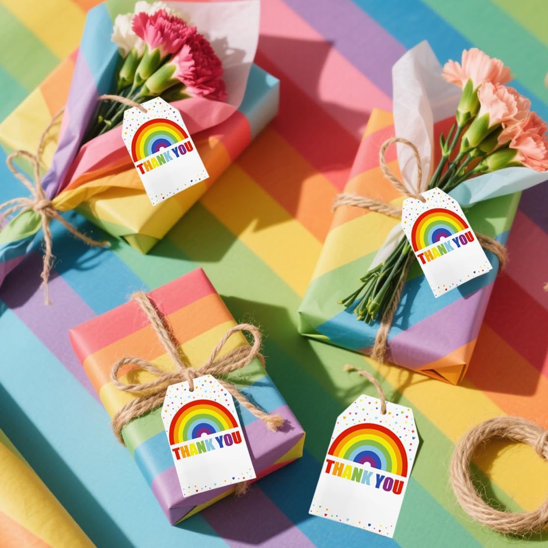 100Pcs Rainbow Heart Gift Tags with String Large Thank You Gift Tags Presents with 65 FT Jute Twine Personalized Tags for Wedding Baby Shower Birthdays Party Gift Wrap Tags