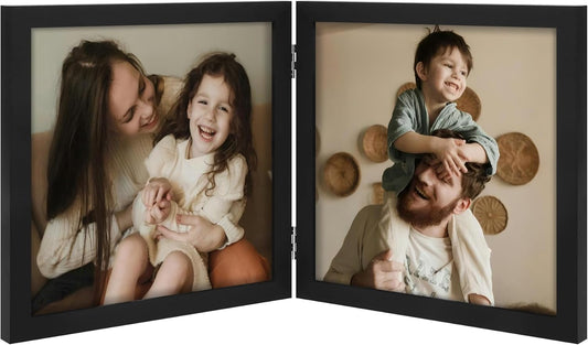 decorUhome Double 8x8 Picture Frame Vertical, Engineered Wood Bifold Photo Frame with Plexiglass for Tabletop Display, 8x8, Black