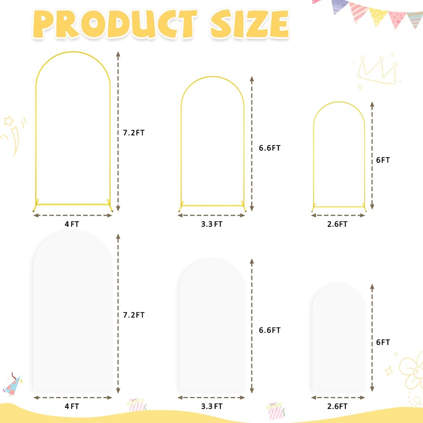 Metal Arch Backdrop Stand and White Wedding Arch Cover Set 7.2FT 6.6FT 6FT Wedding Arched Frame Balloon Arch Backdrop Stand with Spandex Arched Covers for Baby Shower Bridal Banquet Decor