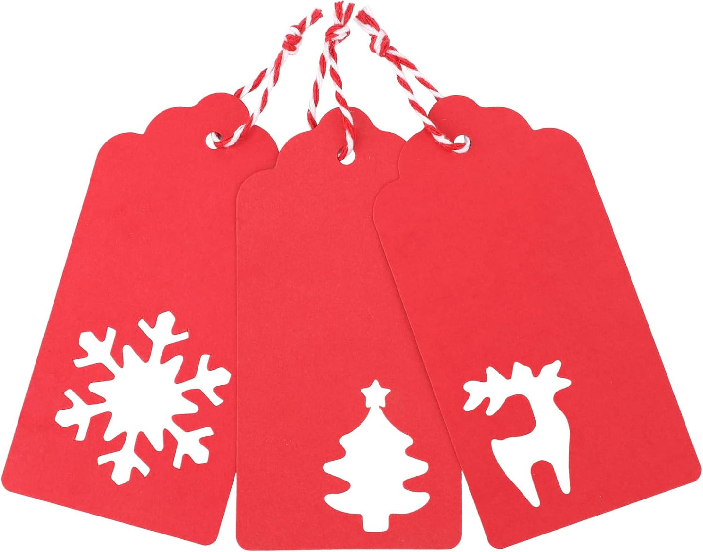 jijAcraft Christmas Gift Tags - 150Pcs Christmas Tags with String, Blank Red Paper Hollow Trees, Rudolph, Snowflake Shapes Holiday Labels for Xmas Party Favors, DIY Crafts, Jar