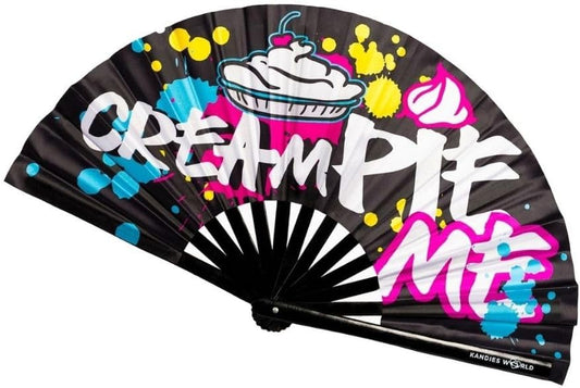 Kandies World Custom Festival Folding Hand Fan - Unique Designs, Made of Bamboo, Clacking Sound, Lightweight - Perfect Rave and Festival Accessory! (Cream Pie)