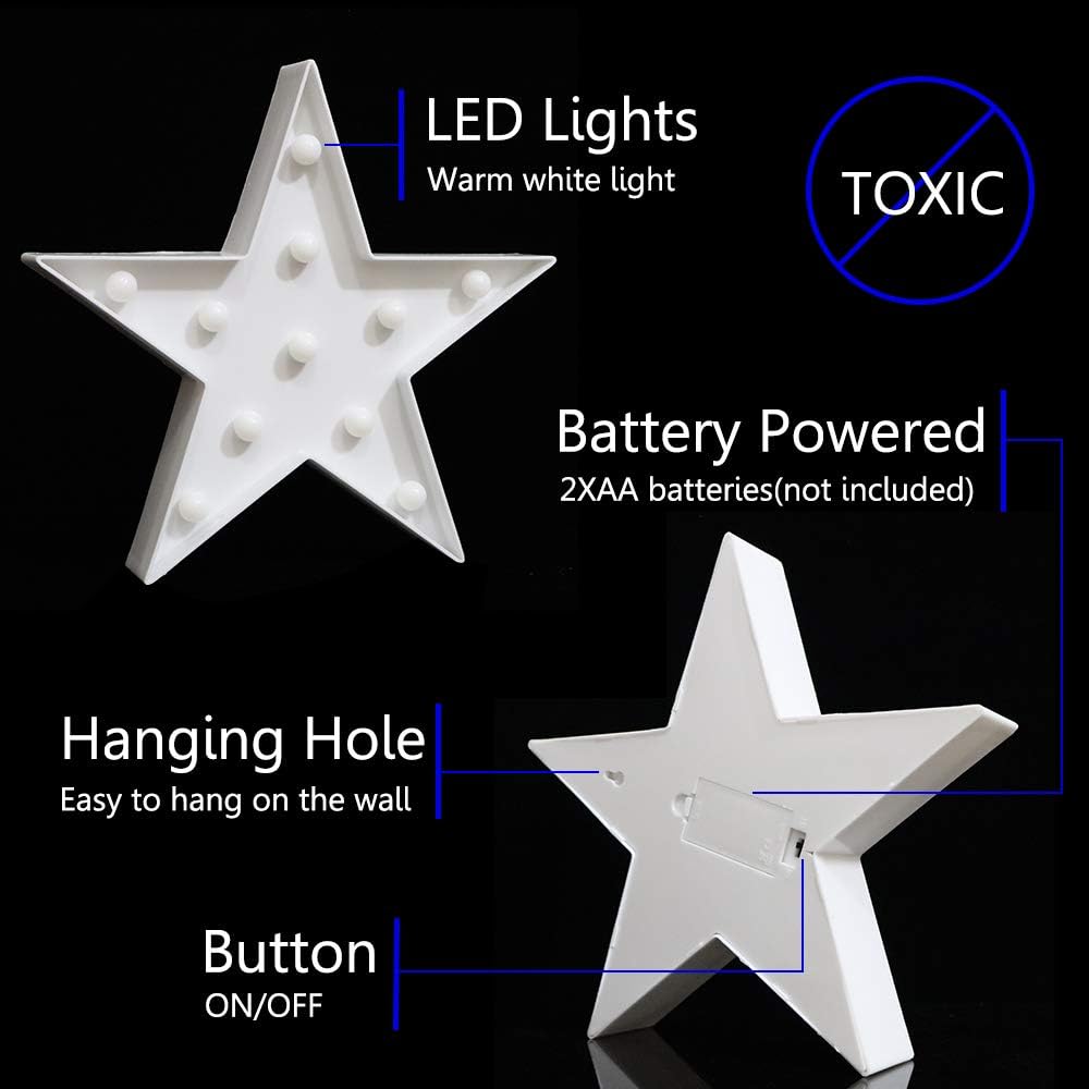 LED Marquee Star Sign Night Light, Battery Operated Star Shaped Desk Table Lamp for Kids, Baby, Child, Girl Gift, Nursery Room, Wall Decor (White)