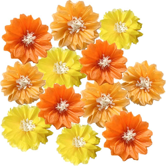 12pcs 8in 10in Paper Flowers Tissue Flowers Pom Paper Pom Poms Hanging Paper Flowers Wall Backdrop Wedding Party Flower Decorations DIY Art Craft Blooms for Birthday Baby Shower Decor Yellow Orange