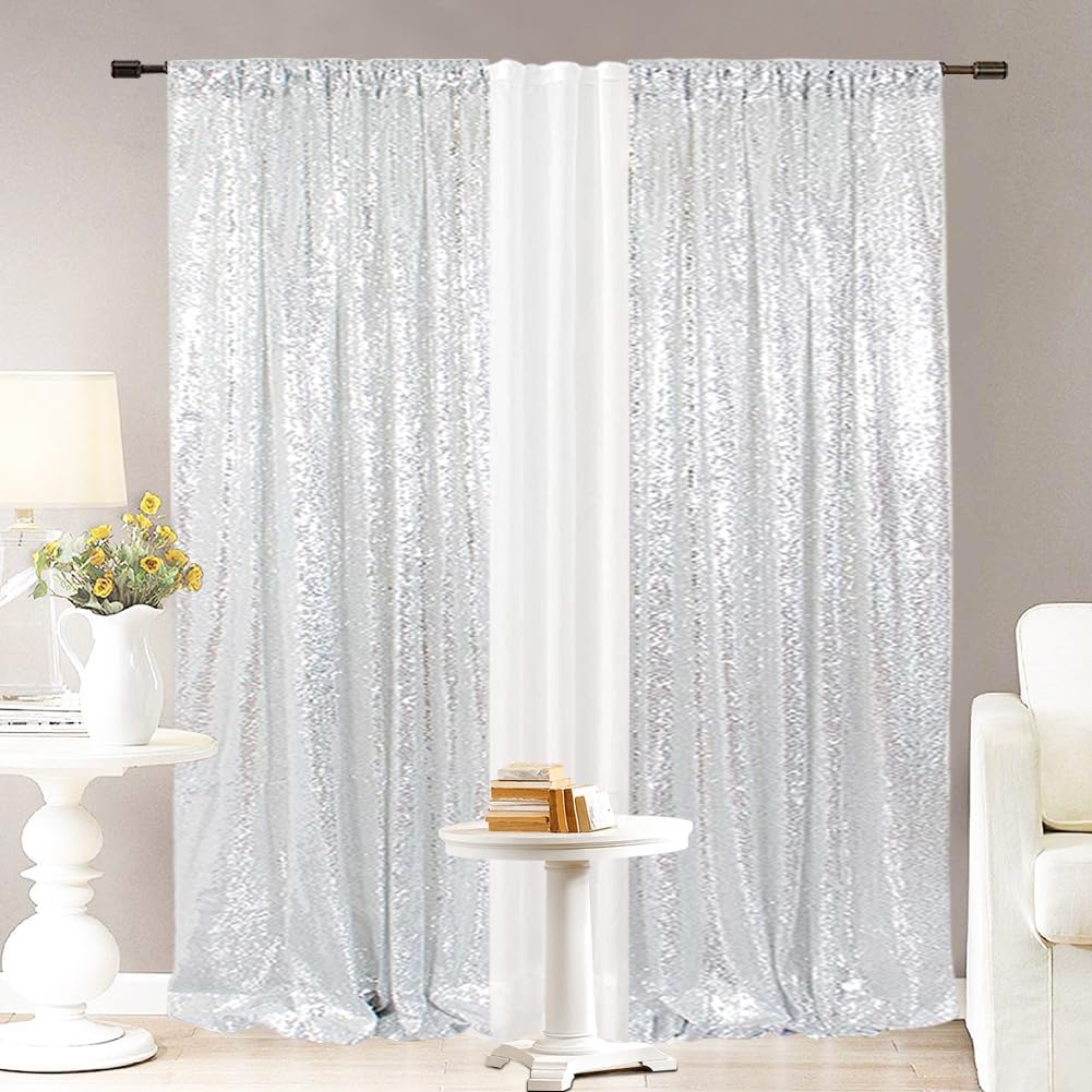 Eternal Beauty Silver Sequin Backdrop Curtains, Shimmer Back Drop 2Panels-3FTx7FT for Christmas, Party, Birthday, Photography, Wedding, Baby Shower Event Decoration