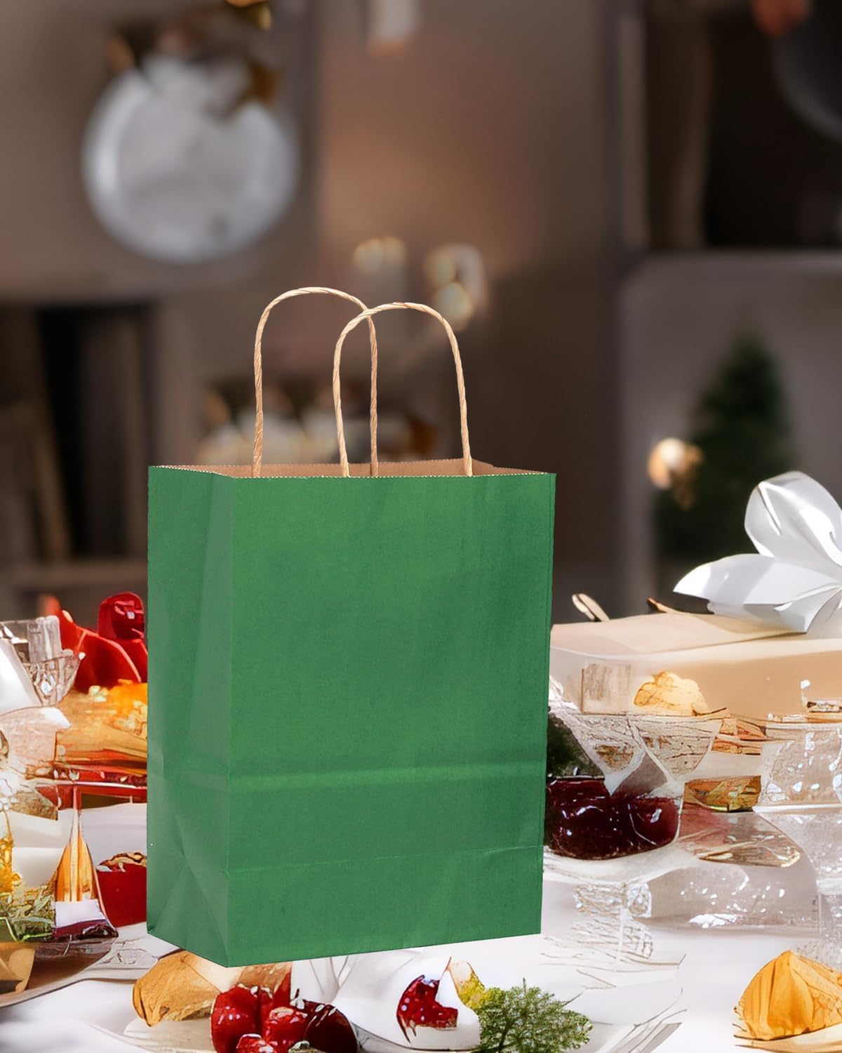 qiqee 50-Packs Gift Bag with Handles Bulk Kraft Deep Green Paper Bags Multiple Uses (8.3"x3"x6"inch Small Size)