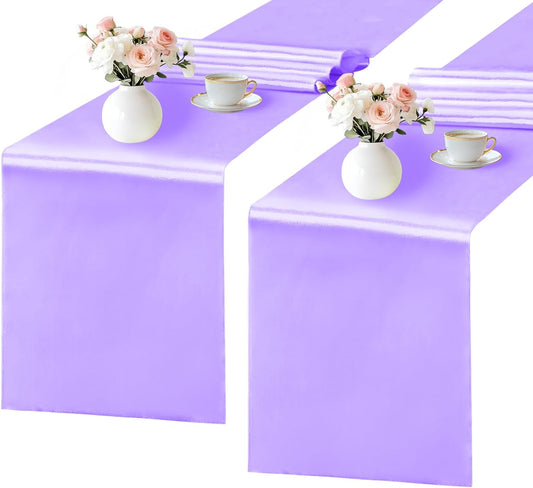 SHEJIZE 2 Pack Lavender Satin Table Runner 12x108 Inches Long, Bright Silky Smooth Satin Table Runner Table Decor for Wedding Banquet Christmas Prom Event Birthday Party