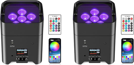 9600mAh Wireless Uplights, 6x18W RGBWA UV Rechargeable Stage Lights, APP/DMX512/Remote Controlled Par Lights, Battery Powered Uplights for Show, Party, Festival, Event, 2 Pack