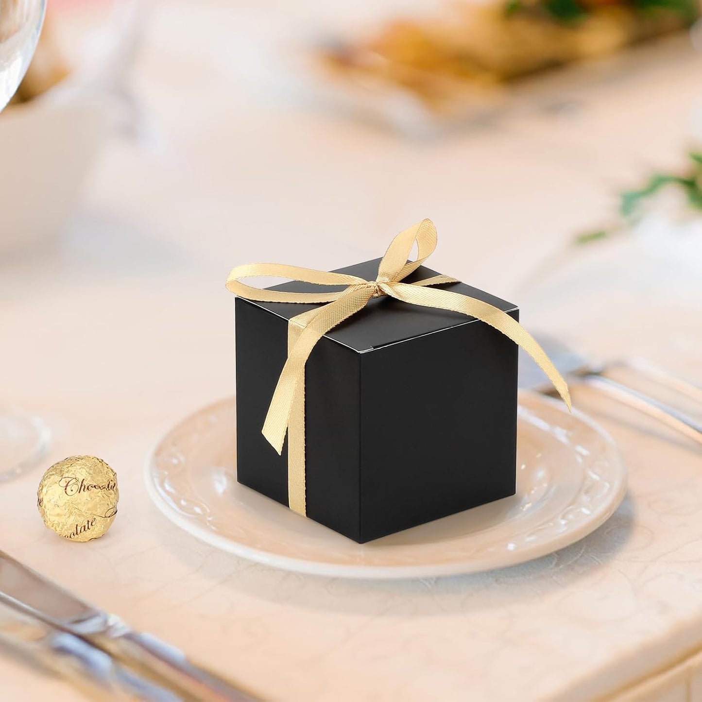 EUSOAR Favor Boxes, 60pcs 3x3x3 Inches Black Candy Gift Box Individual Cookie Box with Gold Ribbon, Mini Bakery Cookies Box Paper Chocolate Containers for Wedding Birthday Party DIY Favors Supplies