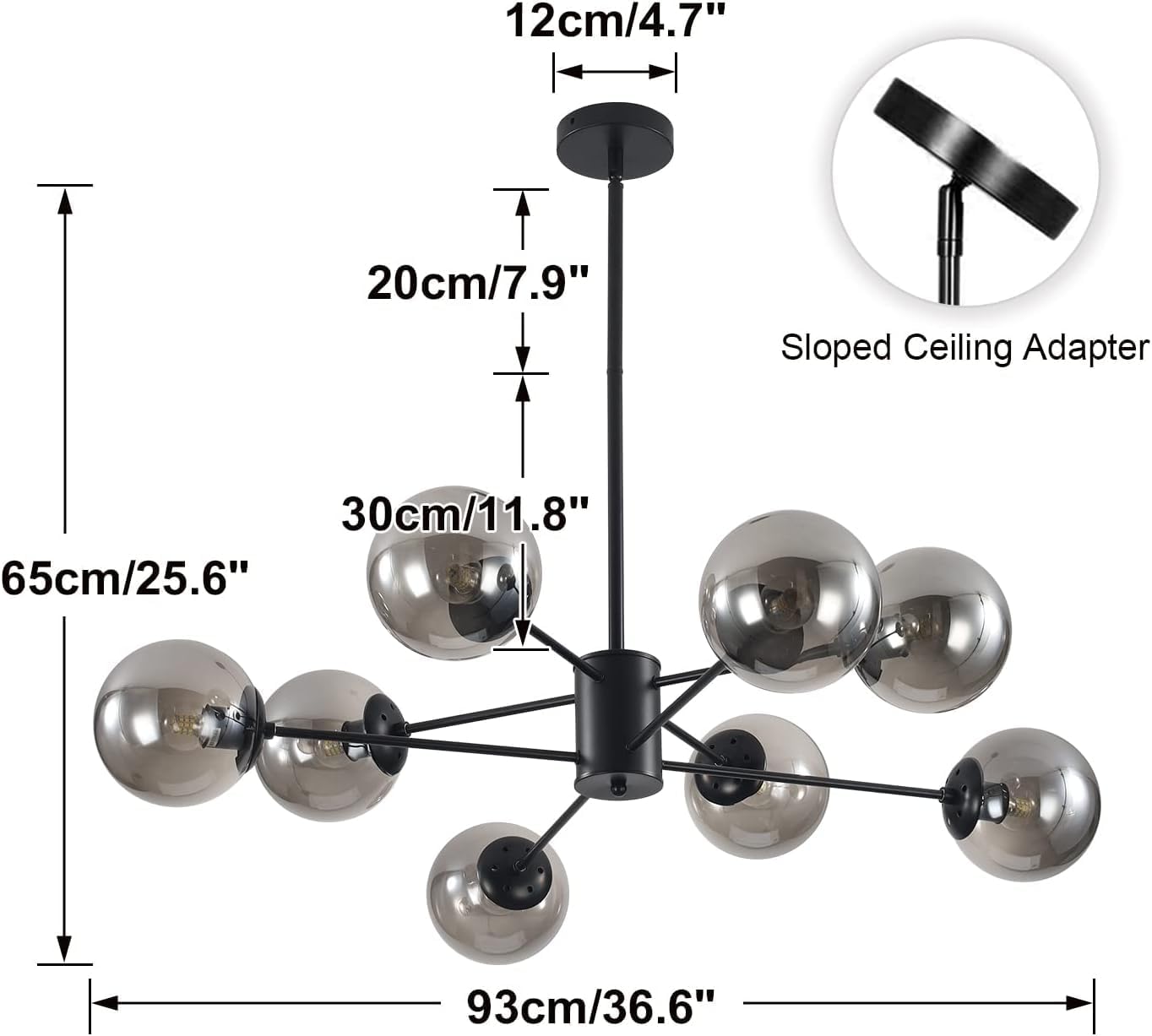 KCO Lighting Modern Glass Globe Sputnik Chandelier 8-Light Mid Century Black Sputnik Chandelier Pendant Light Fixture Farmhouse Industrial Chandelier Light Fixture (Black+Smoke Grey)