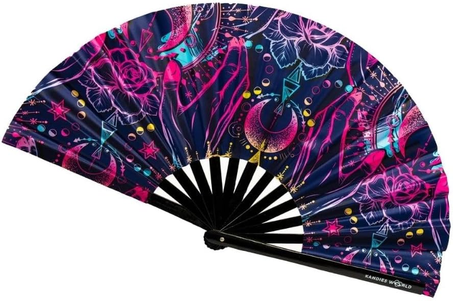 Kandies World UV Reactive Custom Festival Folding Hand Fan - Unique Designs, Made of Bamboo, Clacking Sound, Lightweight - Perfect Rave and Festival Accessory!