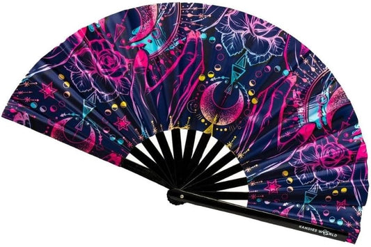 Kandies World UV Reactive Custom Festival Folding Hand Fan - Unique Designs, Made of Bamboo, Clacking Sound, Lightweight - Perfect Rave and Festival Accessory!