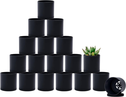 D'vine Dev 18 Pack 2.5 Inch Mini Plastic Plant Pots, Small Garden Planters for Plant with Drainage Holes and Saucers, Black Color, 74-Y-B-5