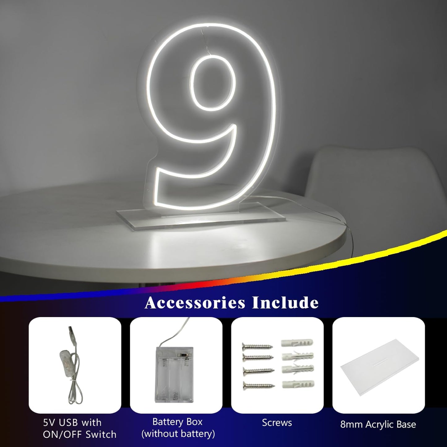 Number 9 Neon Sign for First Birthday, 16.54" Cool White USB Battery Powered Led Neon Sign for Party Wedding Anniversary Decor Light Sign (Number 9)