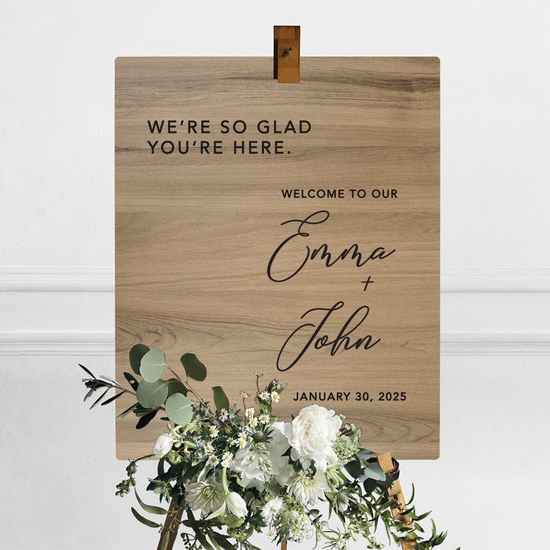 Andaz Press Large Wooden Welcome Sign for Wedding Rustic Welcome Sign 16" x 20" Custom Names So Glad You're Here Wedding Signage English Oak MDF Wood Finish Wedding Reception Indoor Outdoor Signs