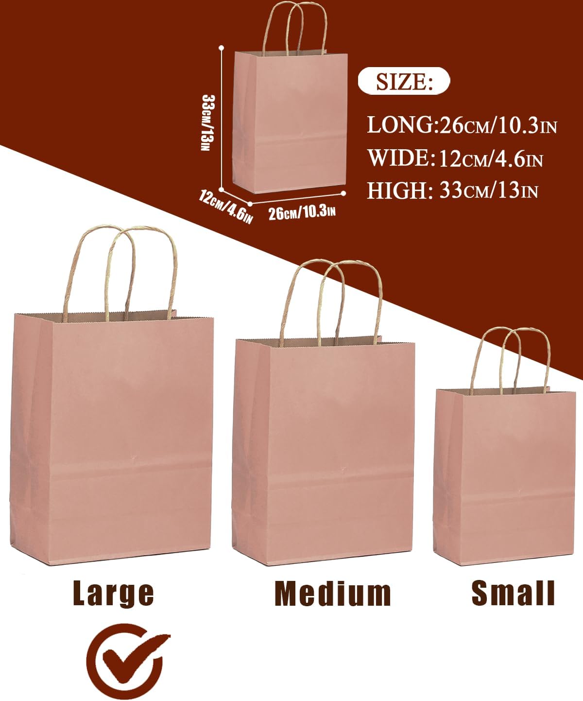 qiqee 100PCS Gift Bag with Handles Bulk Kraft Dusty Pink Paper Bags Multiple Uses (13"x10.3"x4.6"- Large Size)