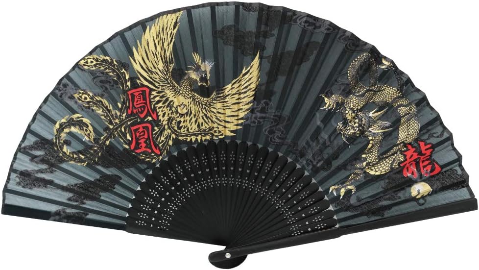 Terra Distribution Folding Fan [Japan Import] Hand Fans for Women Foldable, Japanese Fan, Unique Design, Handmade Bamboo, Silk Fan, 8.6" (22cm), Abanicos de Mano (740 (Phoenix, Dragon))