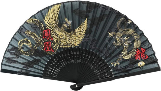 Terra Distribution Folding Fan [Japan Import] Hand Fans for Women Foldable, Japanese Fan, Unique Design, Handmade Bamboo, Silk Fan, 8.6" (22cm), Abanicos de Mano (740 (Phoenix, Dragon))