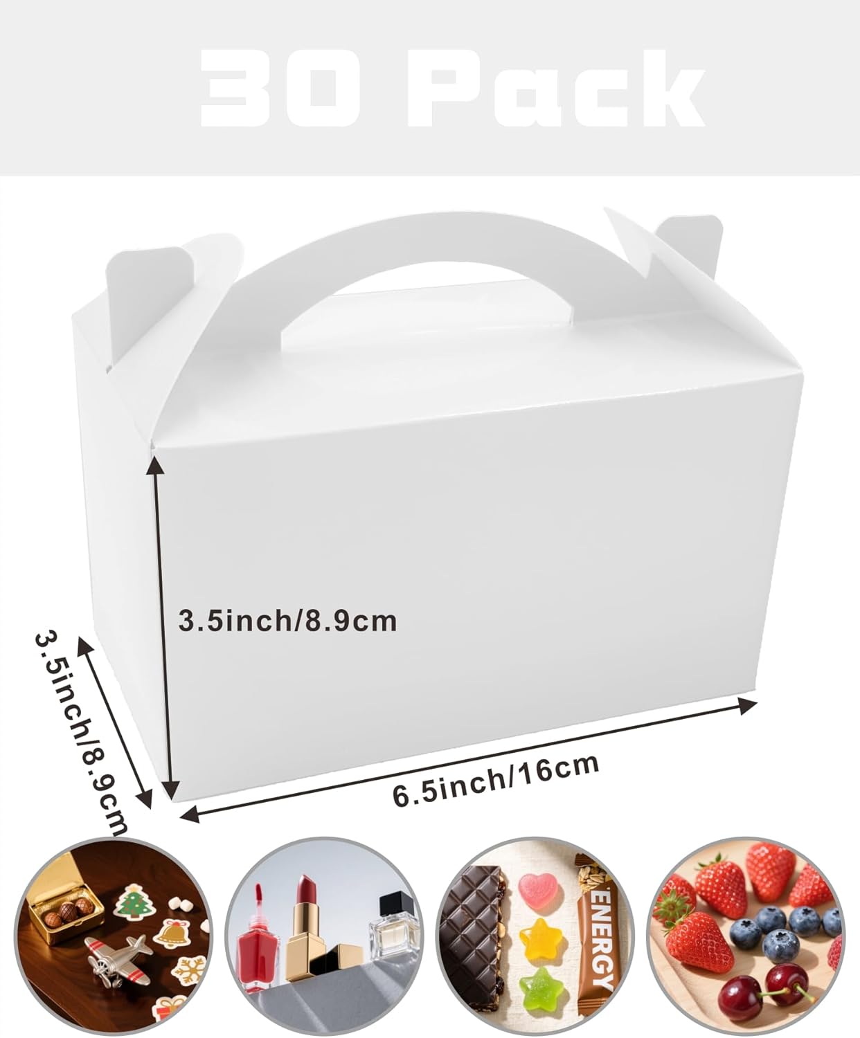 30-Pack Crisp White Gable Treat Boxes with Handles, 6" Pop-Up Party Favor Gift Boxes for Birthday, Wedding, Baby Shower, Eco-Friendly Candy, Cookie, Goodie Bags for Kids, Bachelorette Decor