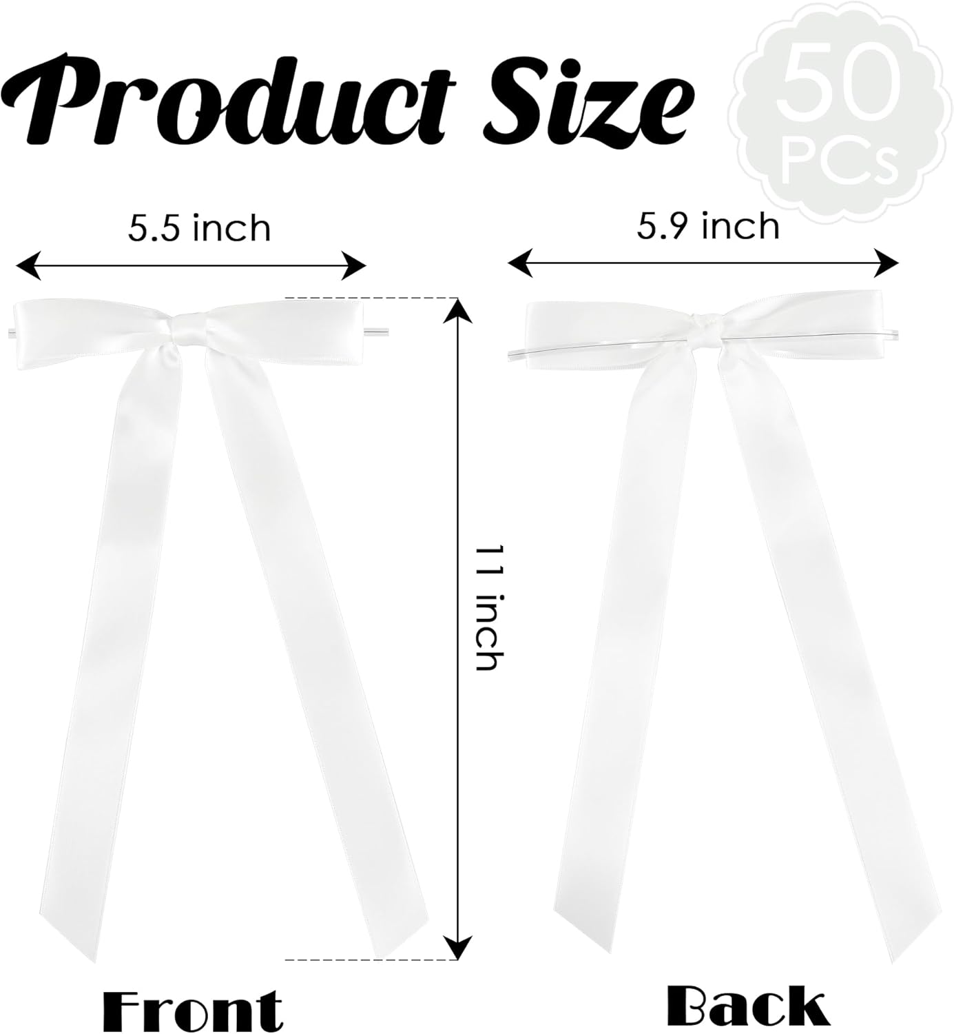 50 PCs White Bow Decor 5.5'' Satin Bows with Long Tail, Twist Tie Bows for Craft, Packaging Ribbon Bows, Premade Bows for Cake Decorating, Gift Bows for Treat, Wedding Favor, Party