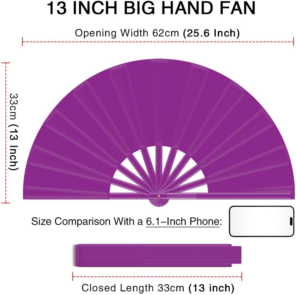 13" Large Folding Rave Fan with Holster, Clack Hand Fans Foldable for Line Dancing, Boots On The Ground Fan for Women Men Festival EDM Party Decoration, Purple