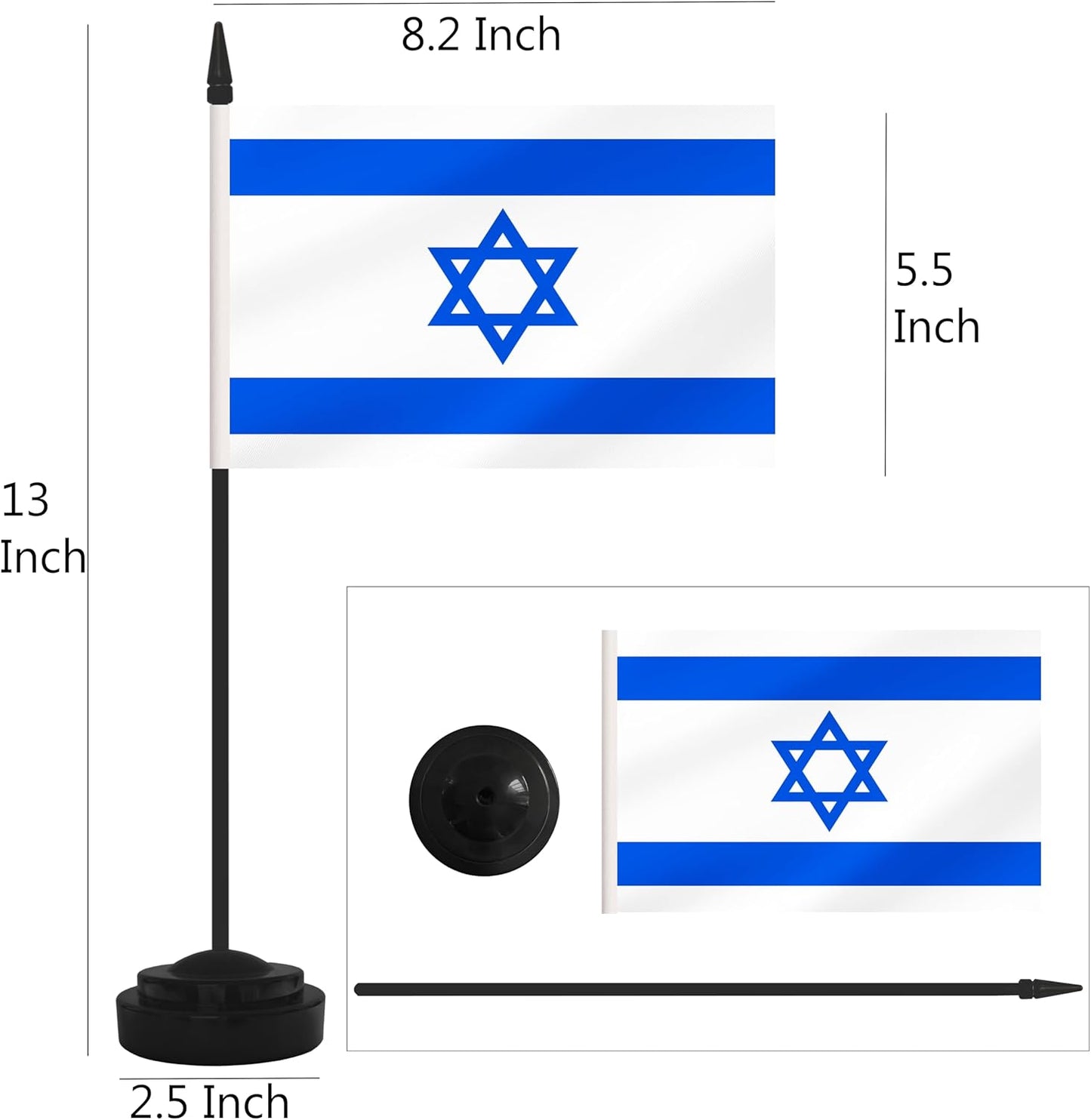 2 Pack Israel Desk Flag Set, Israeli Desktop Small Miniature Table Office Flag with 12" Black Pole and Black Base, Offices, Classroom, Home, Festival Decoration (Israel)