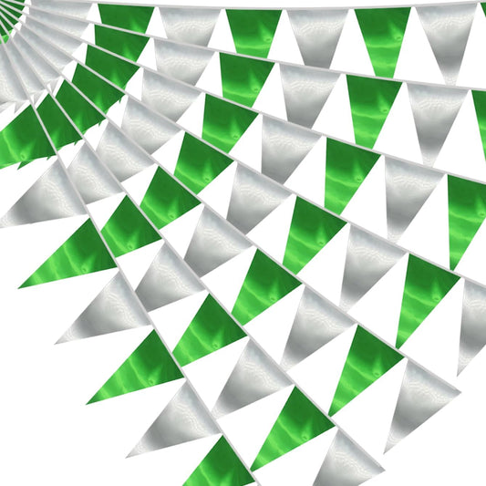 20M/65FT Green Silver Triangle Pennant Banner Flag Metallic Fabric Bunting Garland for Christmas Graduation Wedding Engagement Anniversary Bachelorette Birthday Bridal Shower Hen Party Supplies