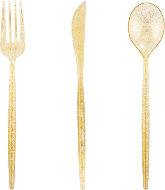 Supernal 180pcs Gold Plastic Silverware Durable Plastic Silverware Gold Glitter Color Party Cutlery Disposable Flatware Heavy Duty Include 60 Forks,60 Knvies,60 Spoons for Wedding,Birthday