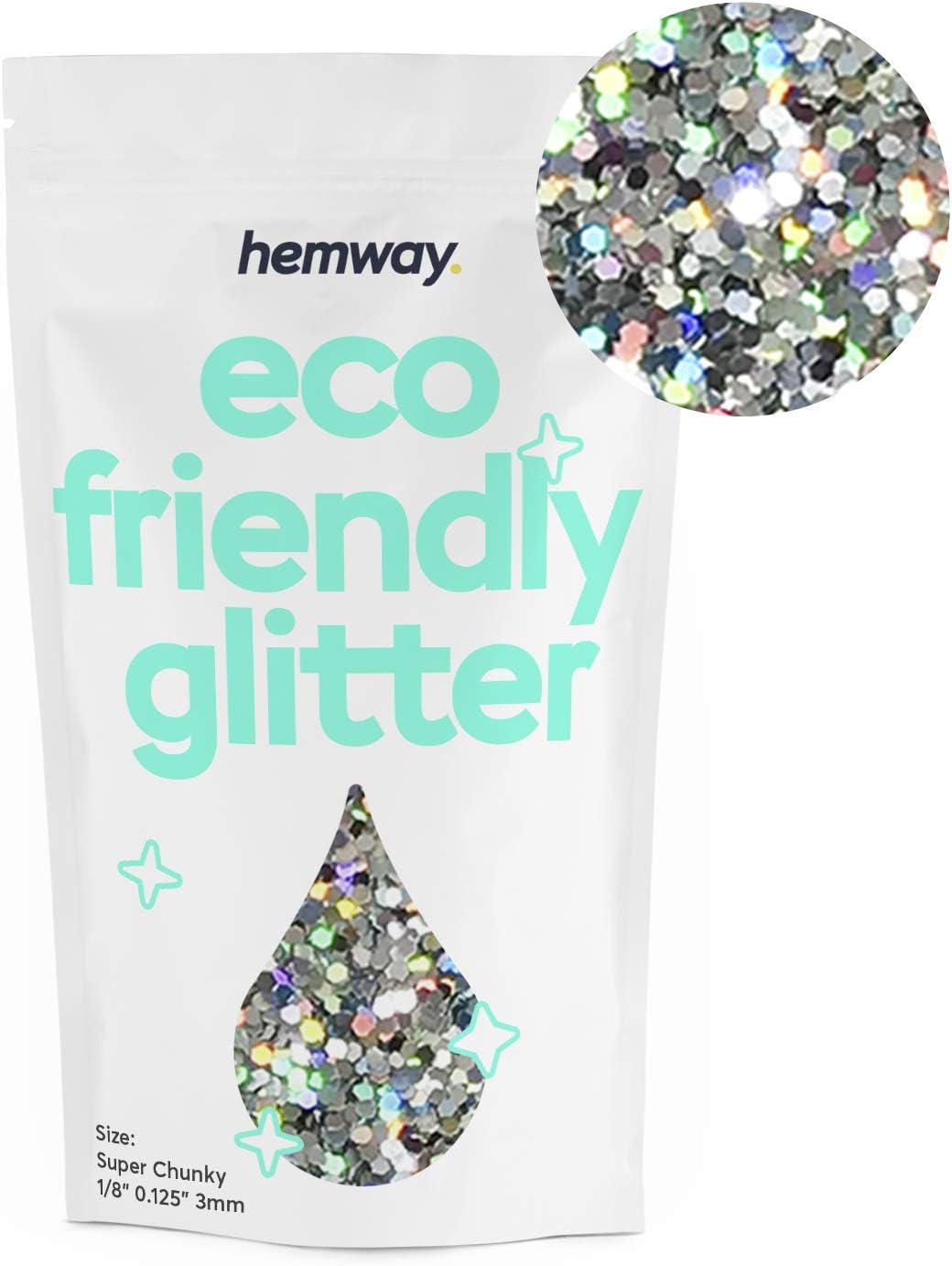 Hemway Biodegradable Glitter Eco Friendly - 100g/3.5oz Bio Cosmetic Safe Sparkle Vegan for Face Eyeshadow Body Hair Festival Makeup Craft - Super Chunky (1/8" 0.125" 3mm) - Silver Holographic