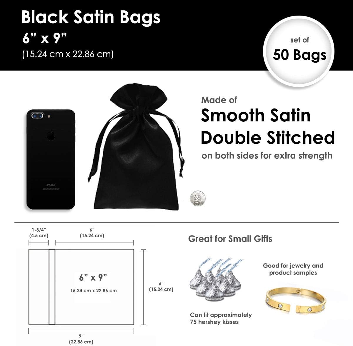 6" x 9" Black Satin Gift Bags, Jewelry Bags, Wedding Favor Drawstring Bags Baby Shower Christmas 50 per Pack