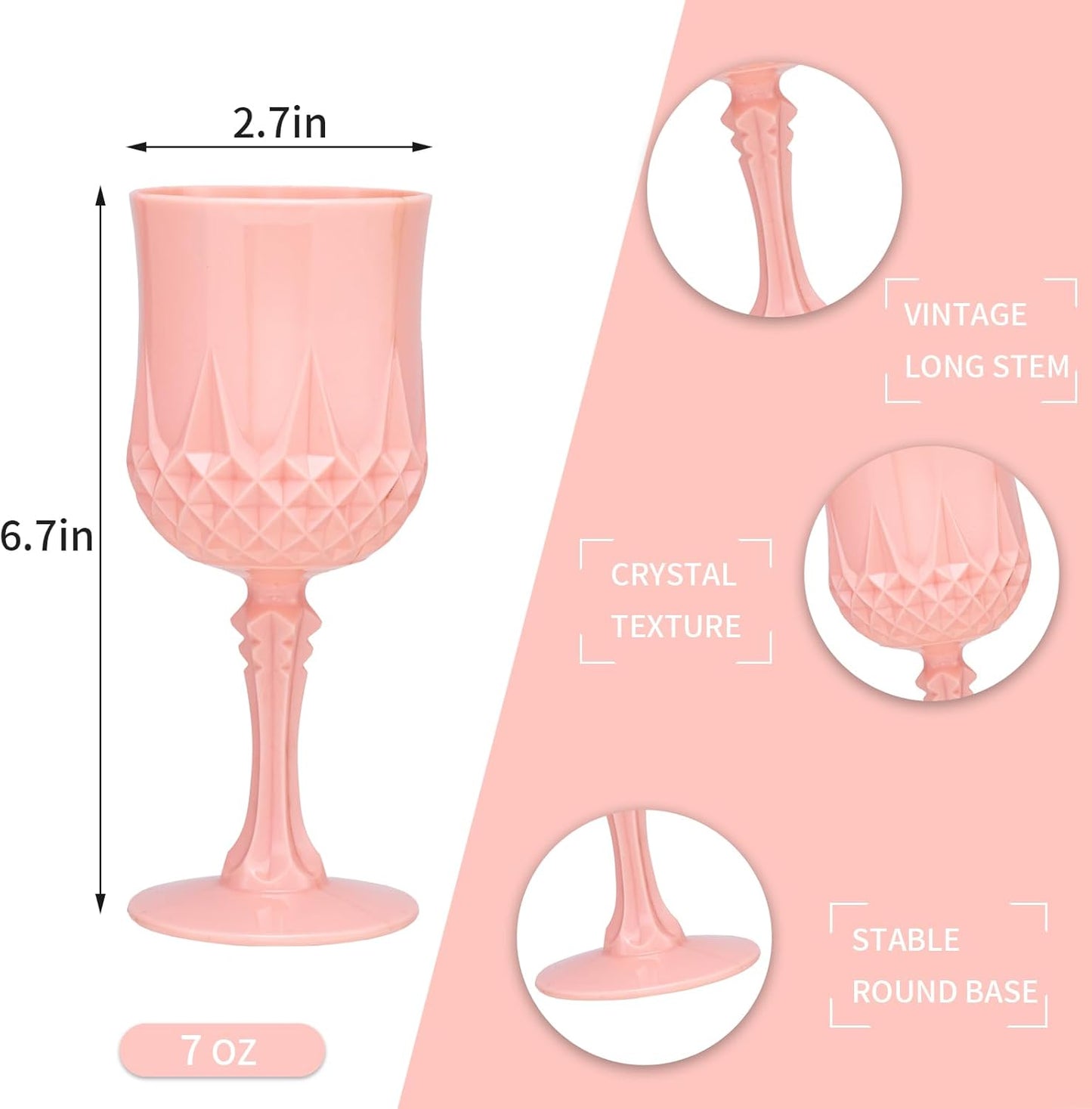 Plastic Vintage Wine Glasses 7OZ Plastic Goblets Vintage Drinking Glasses 48PCS Retro Wedding Glassware Water Goblets Reusable Drinking Cups for Party,Reception,Celebration,Bar,Whiskey(Light Pink)