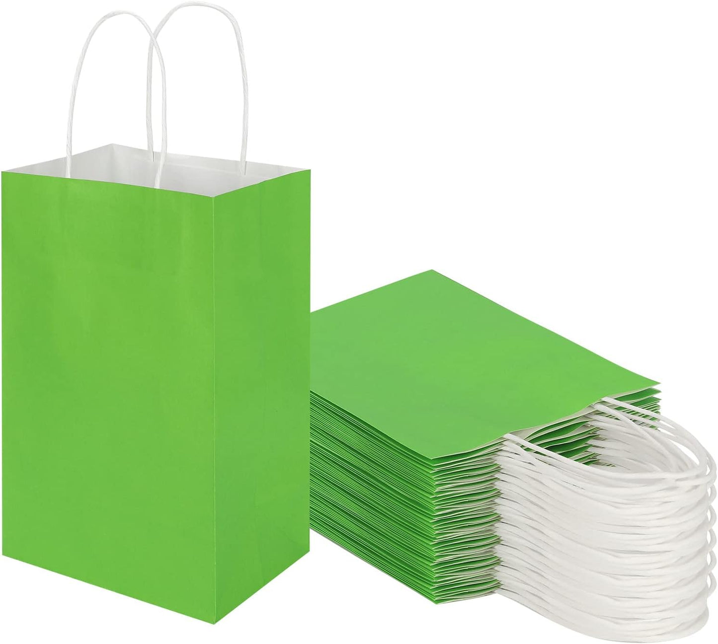 50 Pack 5.25x3.25x8.25 Inch Small Grass Green Kraft Paper Bags with Handles Bulk, Toovip Gift Wrap Bags for Favors Grocery Retail Party Birthday Shopping Business Goody Craft Merchandise Take Out Sacks