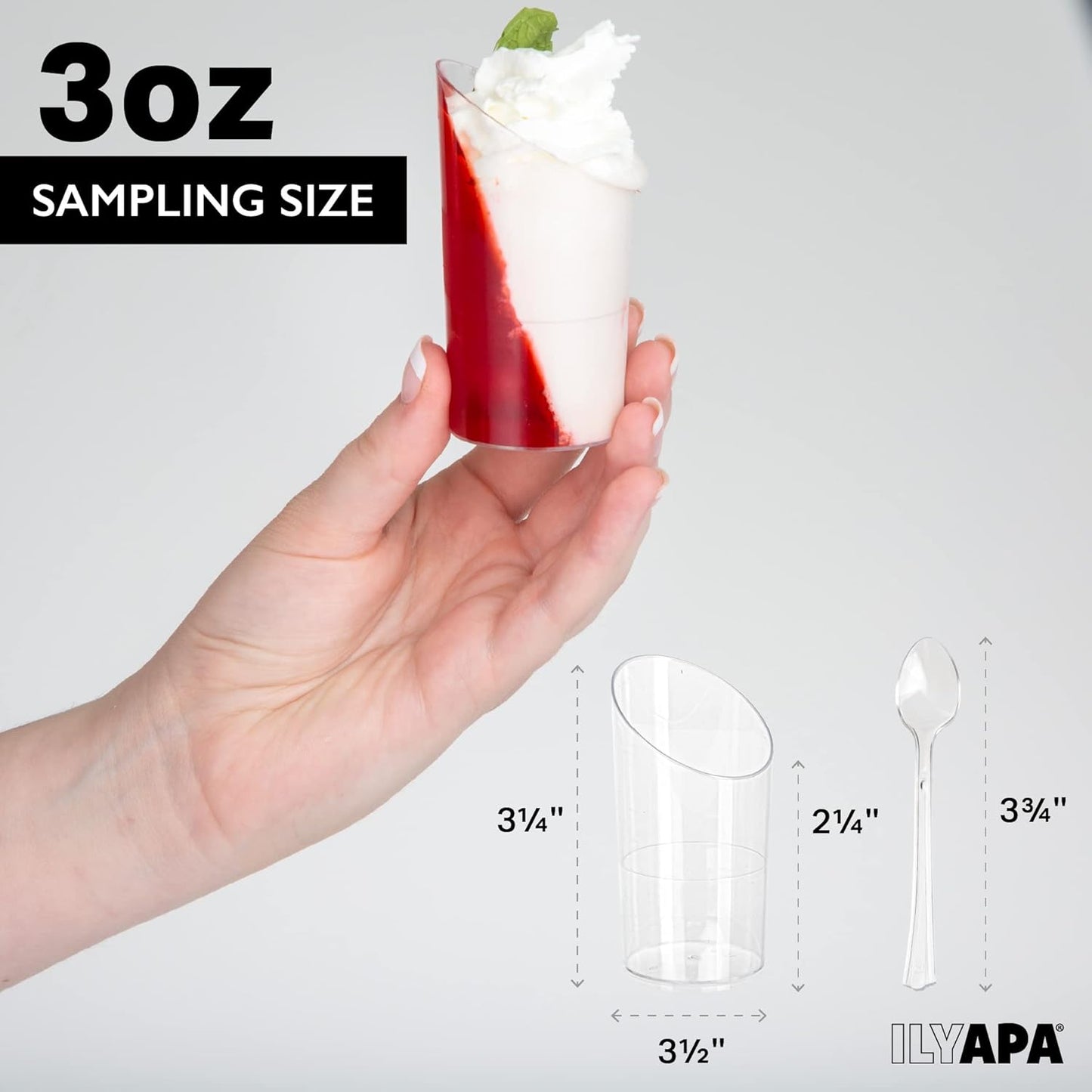 Ilyapa 3oz Plastic Dessert Cups - 100 Pack Mini Dessert Cups with Spoons - Clear Reusable Small for Cheesecake Shooters, Chocolate Mousse, Parfait - Party and Catering Supplies - Slanted