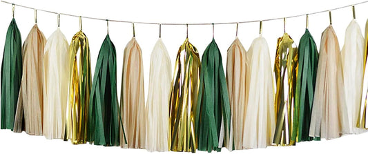 ZOOYOO Shiny Tassel Garland Tissue Paper Tassel Banner,Table Decor,DIY Kits for Tassels Party Decoration,Pack of 20(Green, Gold, Beige, Khaki)