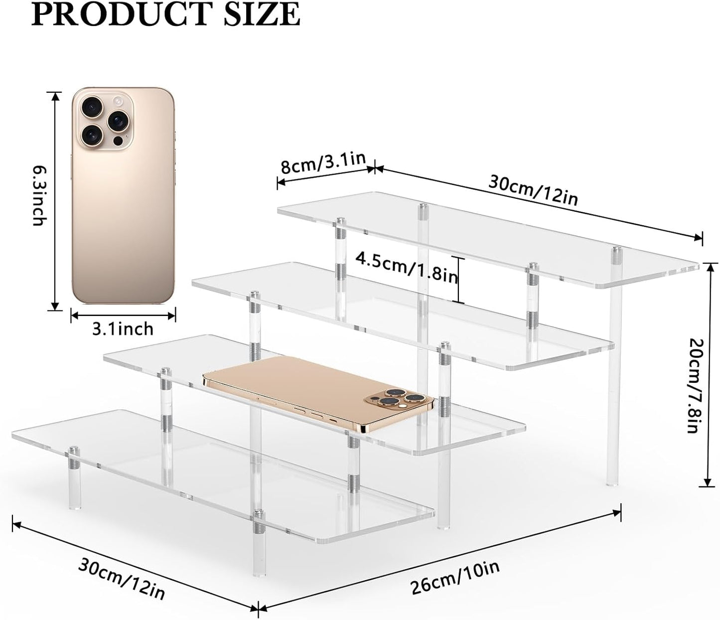 Acrylic Display Riser Stand Shelf Clear 4 Tier Cupcake Stand Perfume Display Holder Figures Desktop Decoration and Organizer Showcase Toys Retail Display Rack Candy Dessert Buffet 4 Step Collection (1 PACK)