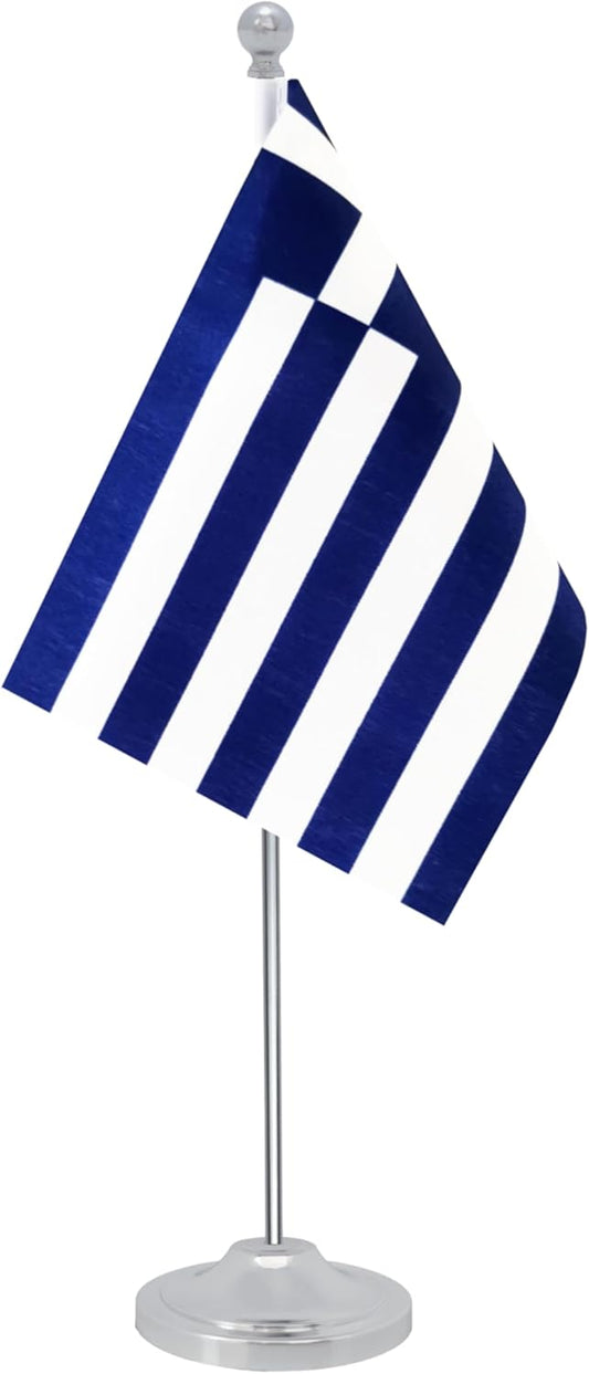 Greece Desk Flag, Greek Table Office Flag with Metal Pole and Stand Base, International Country Flags, Festival Event Celebration, Classroom Meeting Desktop Decor (Greece)