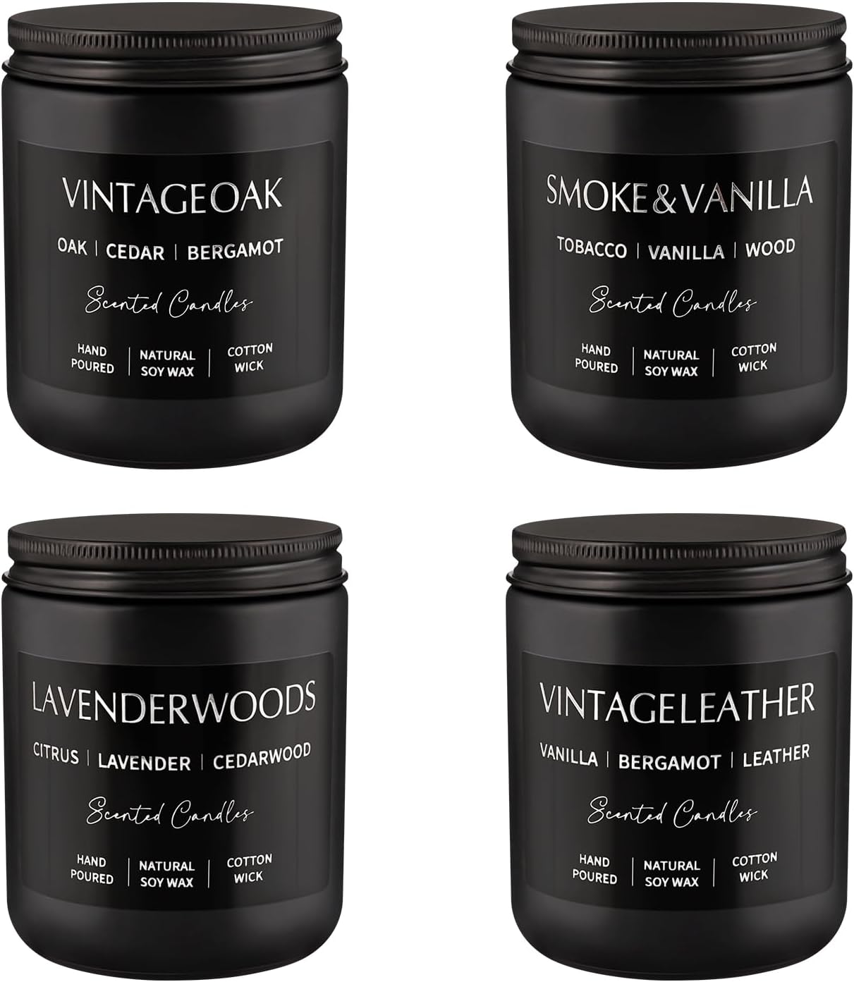 Scented Candles Gift Set - 4 Pack (7oz Each) Soy Wax Aromatherapy Candles with Essential Oils, Smokeless - Leather & Smoke, Vanilla Oakmoss, Lavender for Office, Gifts