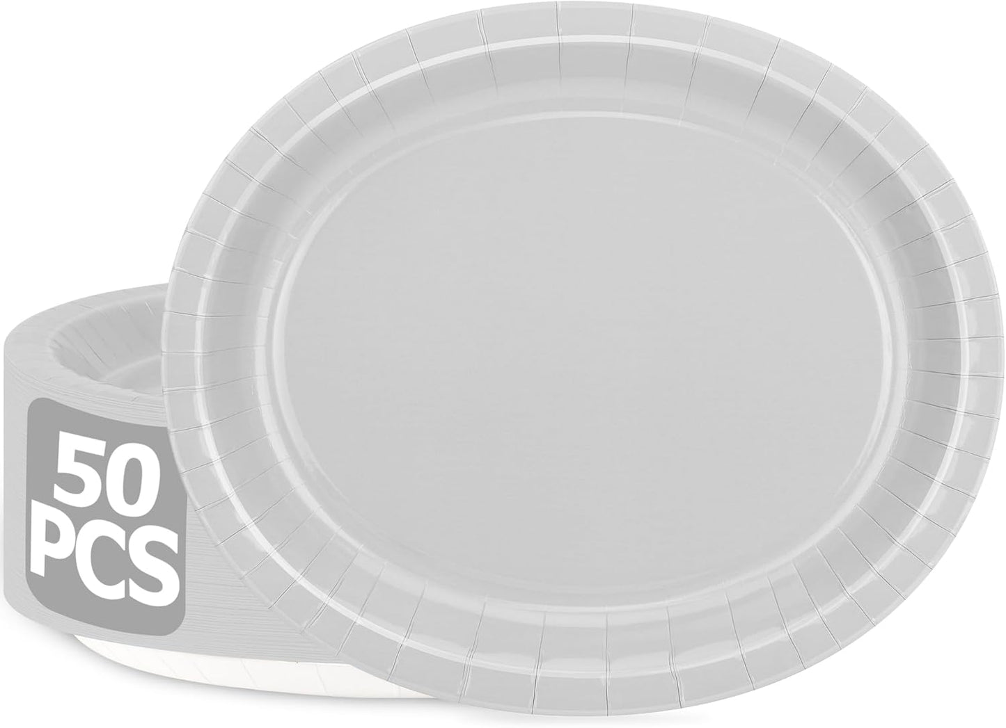QZYL 50 Count Large Silver Oval Paper Plates, 12.2'' X 10.2'' - Disposable Dinner Plates for Bulk Party Decorations, Wedding, Anniversaries, Graduation, Birthday