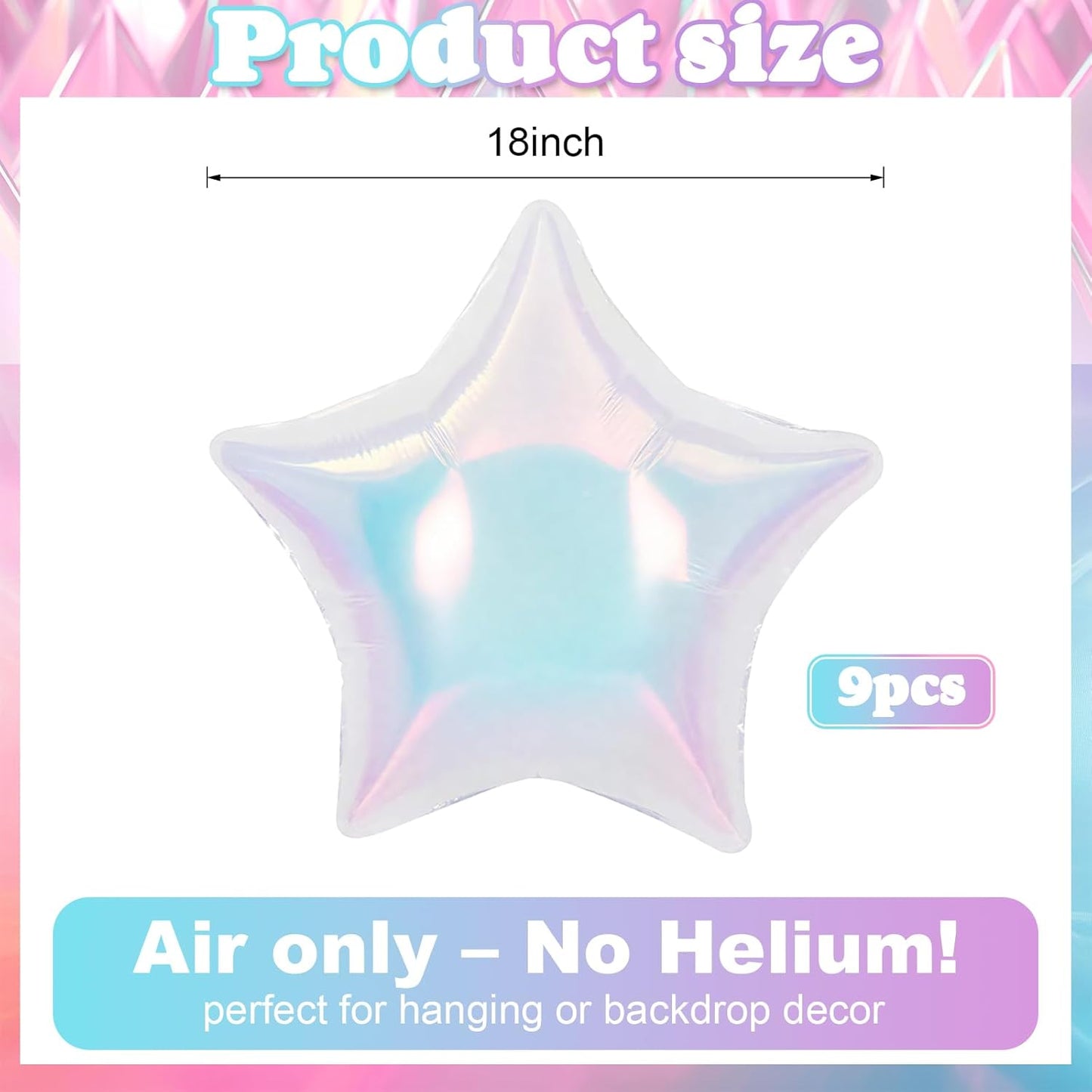 Iridescent Star Balloons, 18 Inch Iridescent Holographic Star Shape Balloon, 9PCS Clear Balloon for Birthday Baby Shower Mermaid Rainbow Wedding Party Decorations