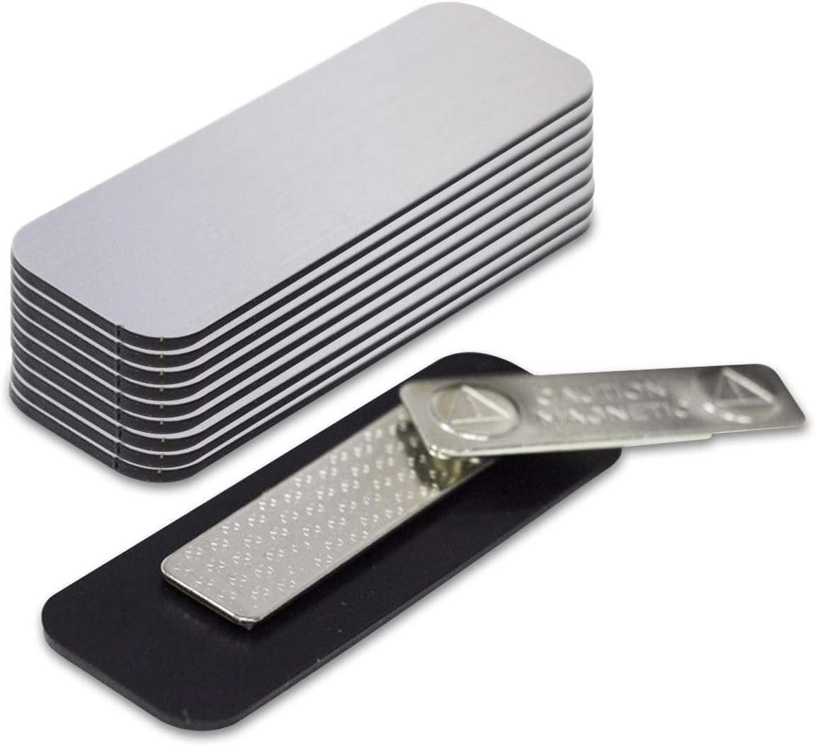 Name Tag/Badge Blanks - 10 Pack - Brushed Silver 1" X 3", Round Corners, Magnetic Backing