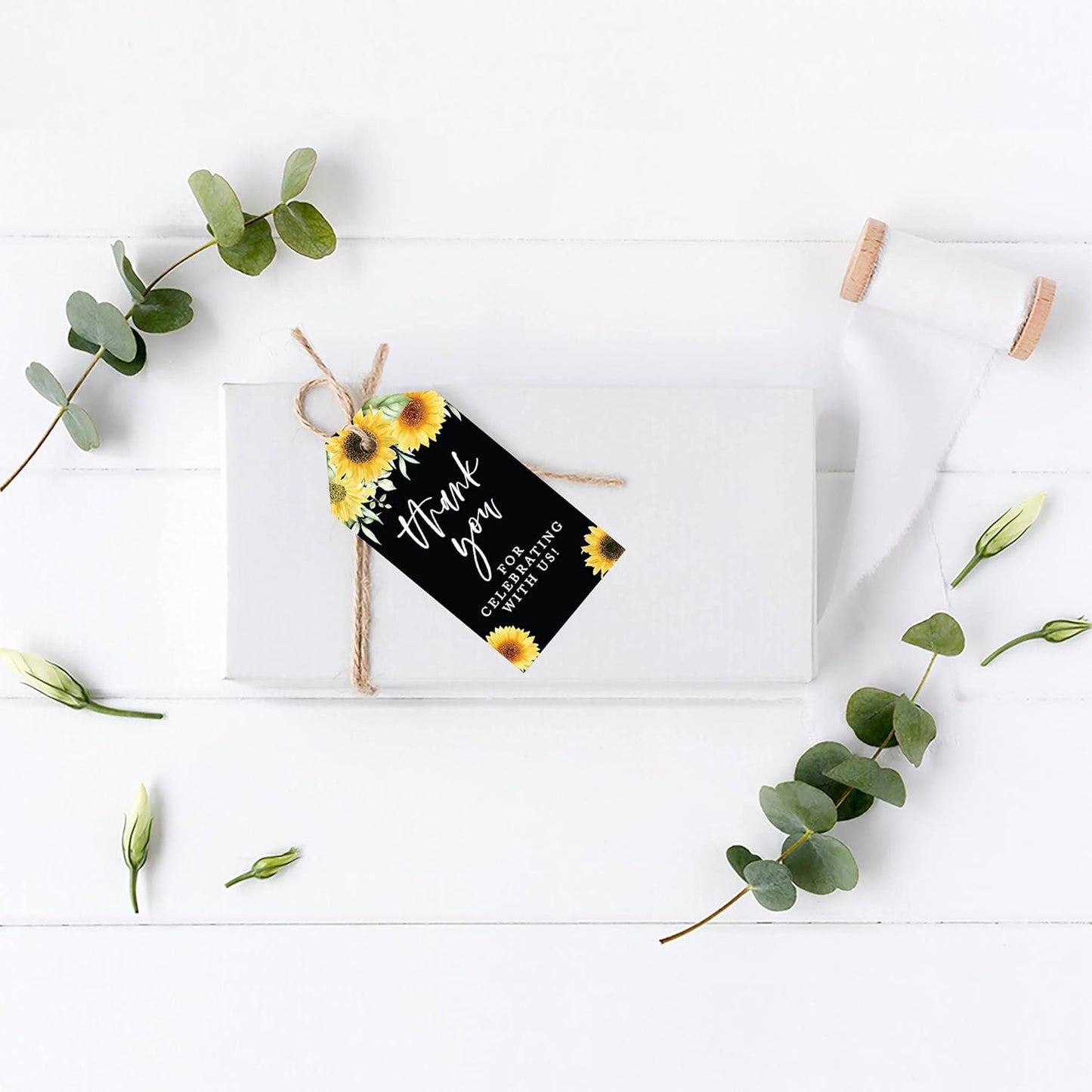 Andaz Press 100-Pack Thank You for Celebrating with Us Favor Tags Sunflowers Black Background Cardstock Gift Tags with Bakers Twine for Wedding Baby Shower Bridal Shower Party Favors 2 x 3.75-Inches
