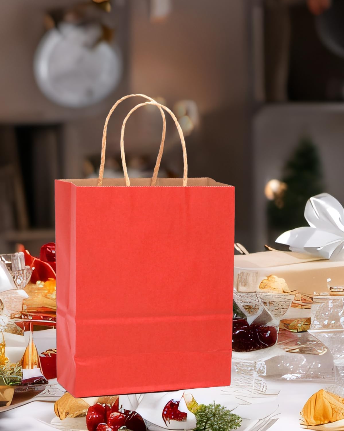 qiqee 50-Packs Kraft Red Paper Gift Bags with Handles Bulk 11"x8.3"x4.3" Medium Size Paper Bags Multiple Uses