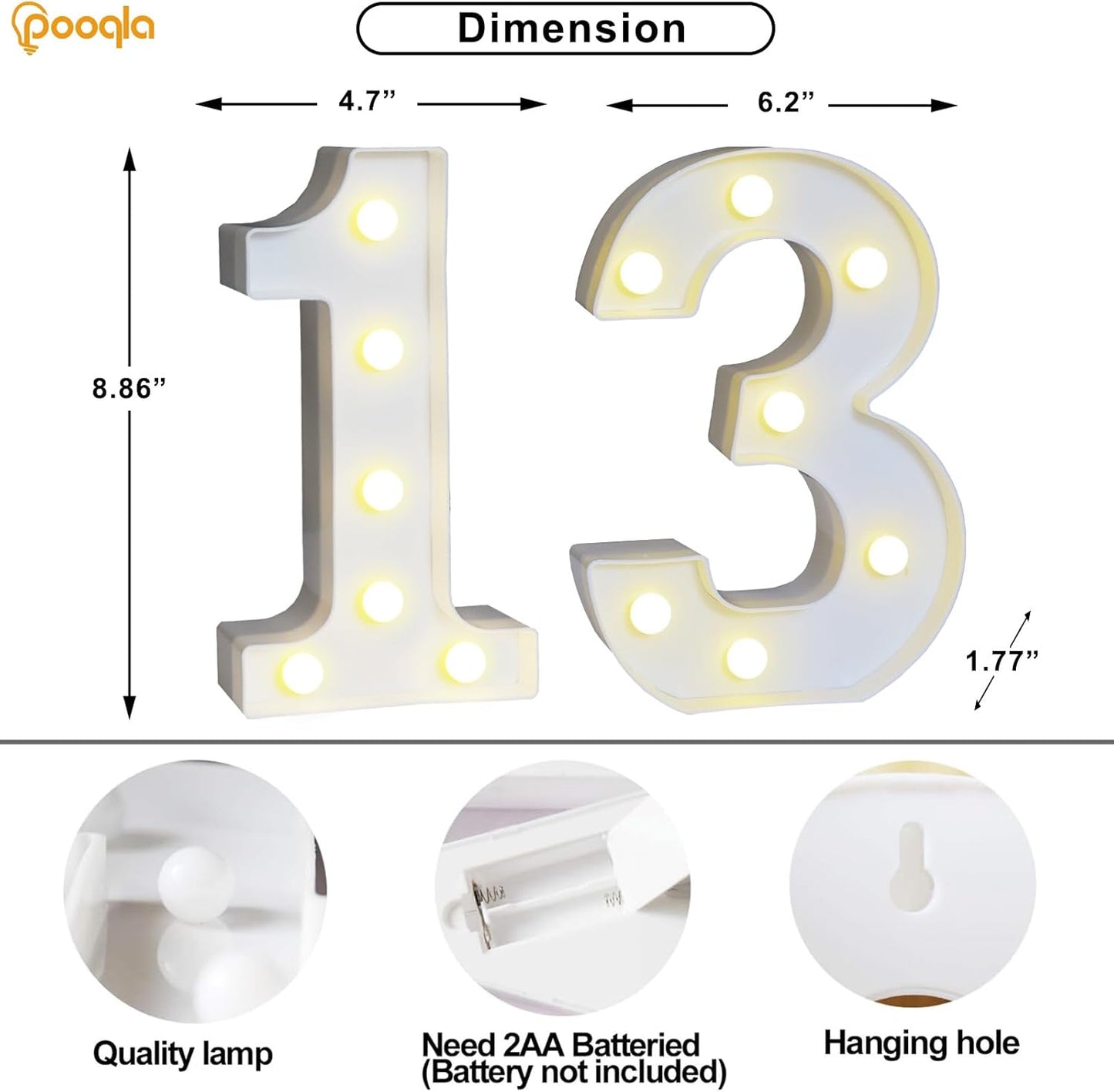 Pooqla 13th Birthday Decoration for Girls Boys, Decorative LED Light Up Numbers, Marquee Numbers 13 Sign for Party Backdrop 13th Wedding Anniversary Decor, Warm White and Cool White Number 13
