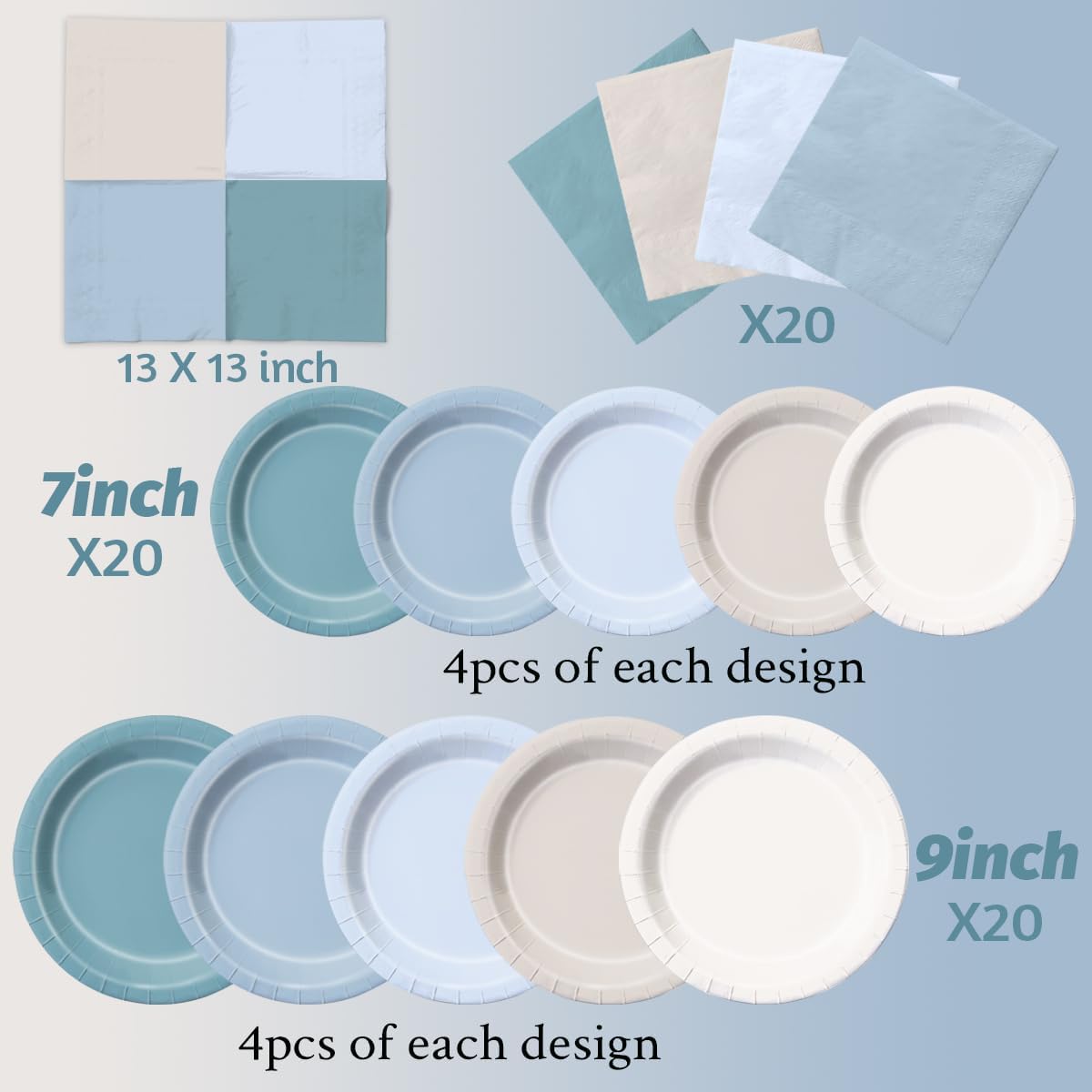CMUSKO Blue Birthday Decorations - 60pcs Dusty Blue Gradient Plates & Napkins Kit for Dusty Theme Baby Shower,Wedding, Bridal Shower