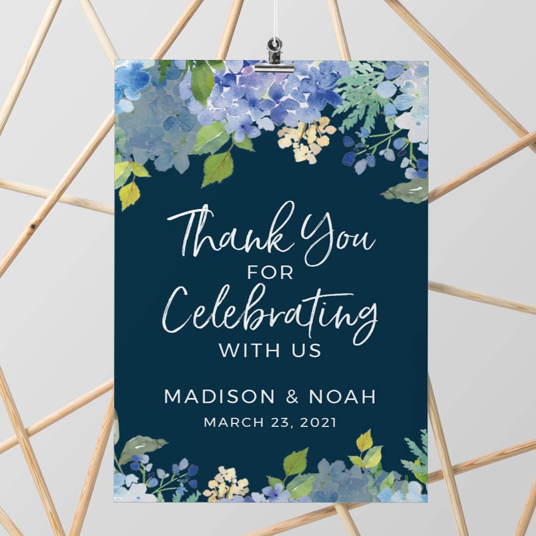 Andaz Press Personalized Extra Large Wedding Easel Board Party Sign, 12x18-inch, Baby Blue Hydrangea Floral Flowers on Navy, Thank You for Celebrating With Us Bride Groom Name Date, 1-Pack, Custom