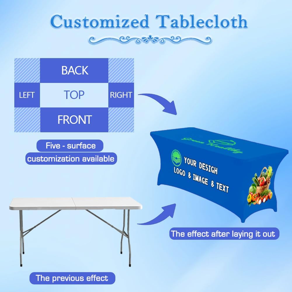 Custom Table Cloth with Business Logo 4FT 5FT 6 FT 8 FT Spandex Customized Table Cover Stretch for Tradeshow Events Birthday Wedding Anniversary Mantel Personalized Table Cloth (5FT)